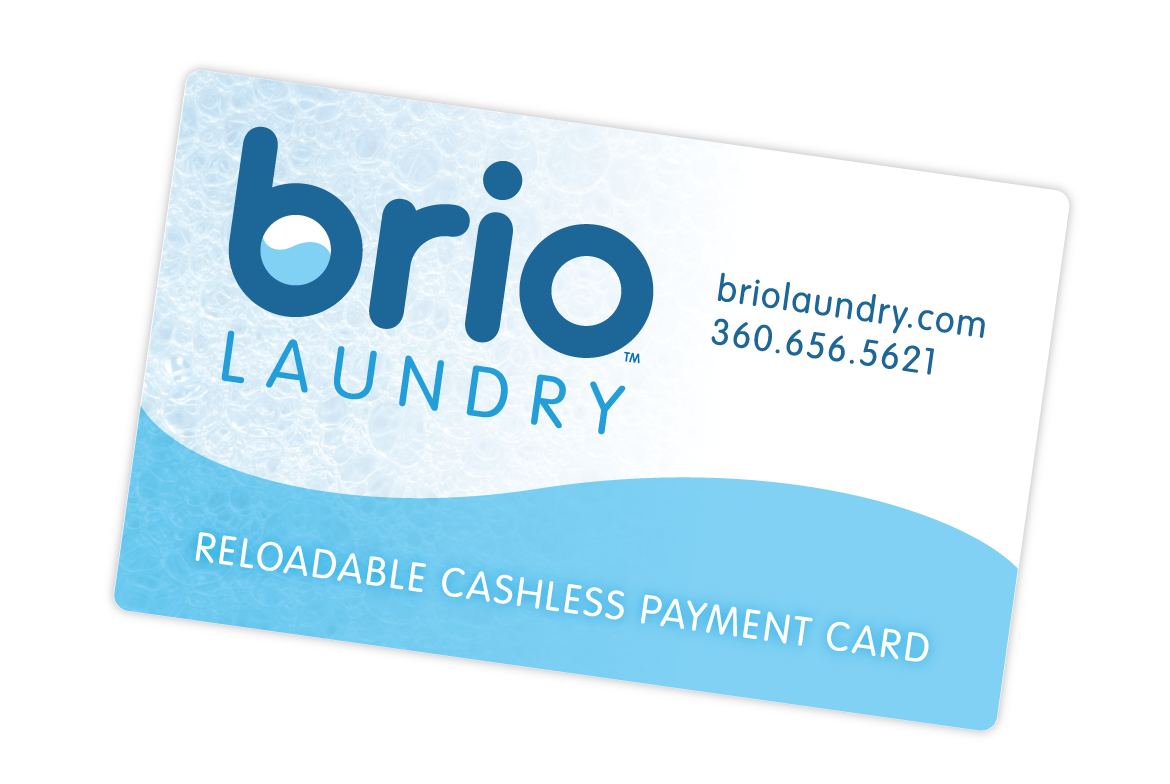 A Brio Laundry reloadable cashless payment card, listing the phone number: 360.656.5621